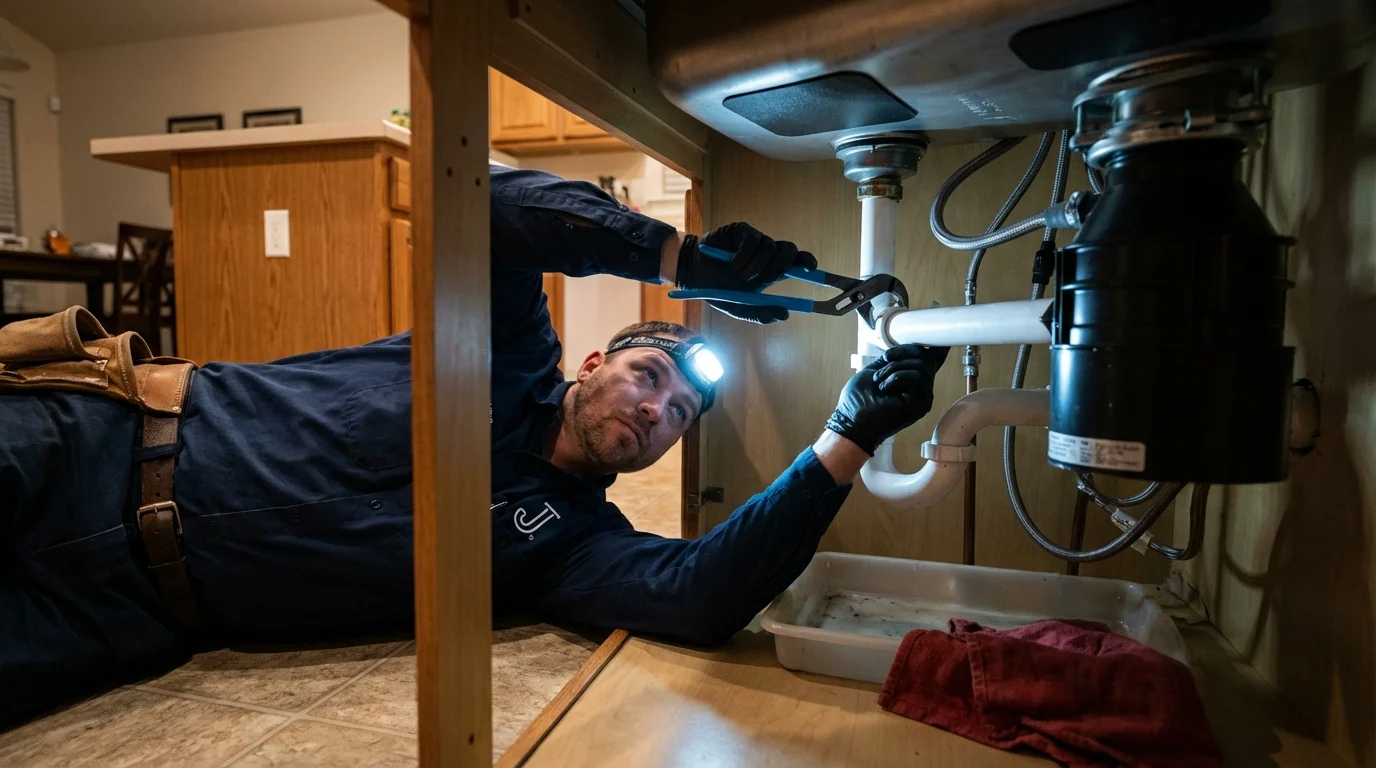 P-trap and supply line connections under a kitchen sink showing a common leak point in Phoenix, AZ